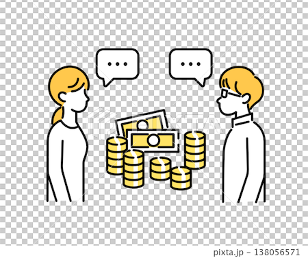 An illustration of a couple discussing household finances and future money. An illustration of a couple discussing household finances and future money. 138056571