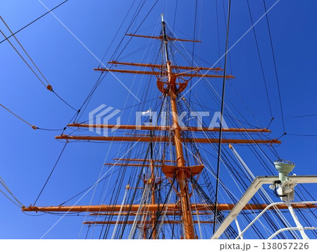 海王丸パークに帆船海王丸、新湊大橋、残雪の立山連峰を望む富山の絶景 138057226