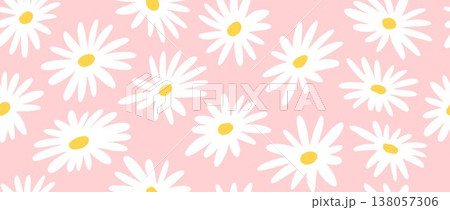 White pink flower seamless pattern background. Cute hand drawn floral repeated wallpaper. Romantic chamomile blossom motif for textile print, fabric swatch, dress ornament, wrapping paper. Vector  138057306