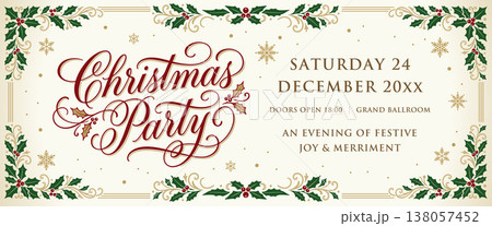 明るい白ベースのクリスマスパーティーチケット - ヒイラギと赤い実のヴィンテージ枠 138057452