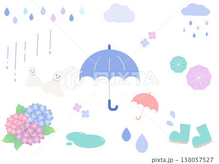梅雨のアイコンセット素材|傘 紫陽花 雨 てるてる坊主 水たまり 梅雨のアイコンセット素材|傘 紫陽花 雨 てるてる坊主 水たまり 138057527