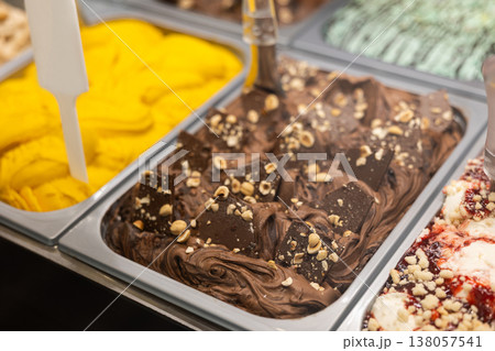 Ice cream tray in cafeteria display case Ice cream tray in cafeteria display case 138057541
