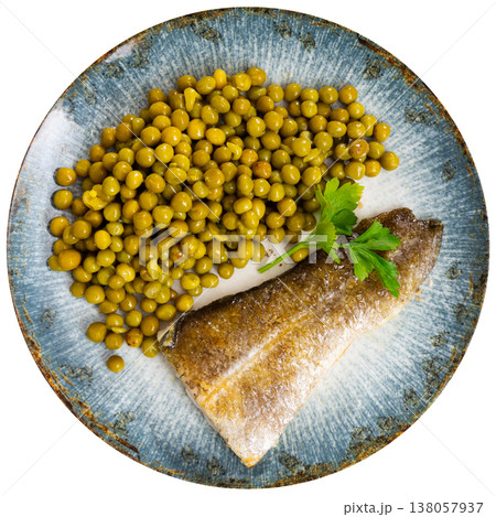 Bacalao cod with green peas on a ceramic plate 138057937