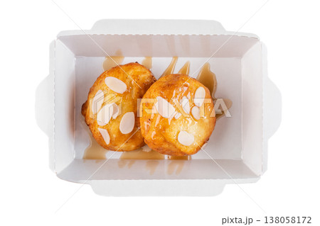 Sweet cottage cheese pancake with syrup and almond flake in craft paper take out box top view close up flat lay delicious dessert breakfast snack Sweet cottage cheese pancake with syrup and almond flake in craft paper take out box top view close up flat lay delicious dessert breakfast snack 138058172