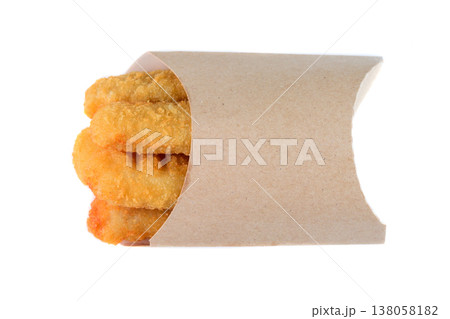 Crispy fried cheese stick in craft paper pocket on white background top view close up flat lay with copy space delicious savory junk food snack food Crispy fried cheese stick in craft paper pocket on white background top view close up flat lay with copy space delicious savory junk food snack food 138058182