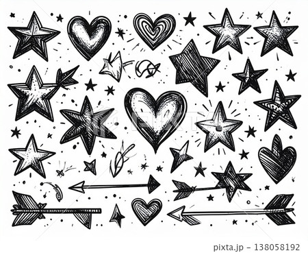 手書き風の可愛い星とハートと矢印のイラストセット。大人ガーリーなデザイン装飾素材 138058192