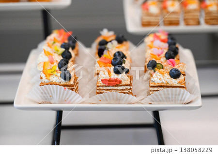 Catering dessert with honey cake medovik slices topped with cream and blueberry on buffet table for event decoration with no people close up 138058229