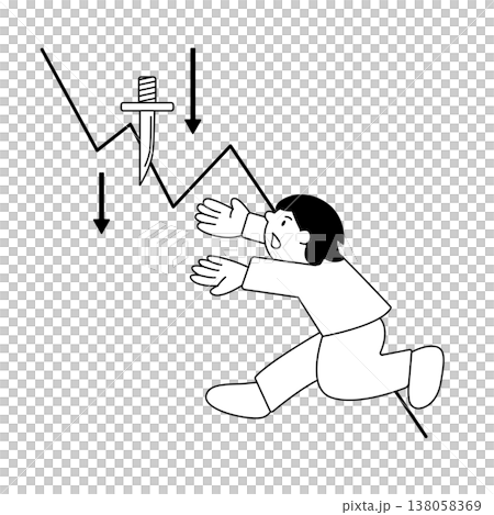 A monochrome illustration of falling stock prices and a person chasing a falling knife. A monochrome illustration of falling stock prices and a person chasing a falling knife. 138058369