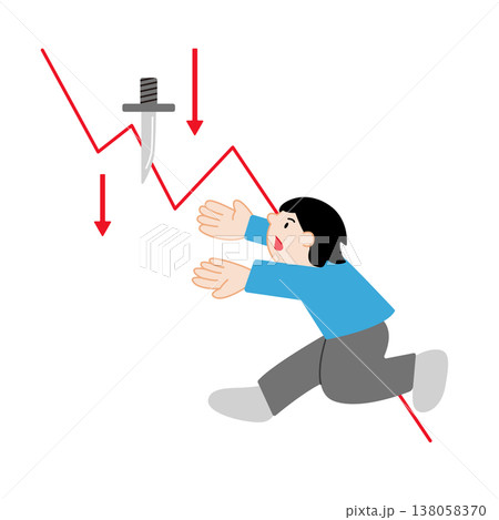 右肩下がりのチャートと落ちてくるナイフを掴む男性の主線なし 右肩下がりのチャートと落ちてくるナイフを掴む男性の主線なし 138058370