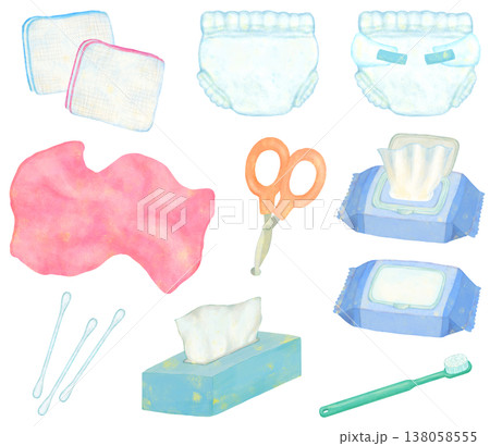 赤ちゃんのケア用品イラストセット 育児 138058555