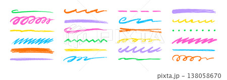 Line color brush crayon set. Underline brush crayon hand drawn pencil pen stroke marker color..Kid children doodle scribble wavy squiggle highlight texture grunge background. Vector Line color brush crayon set. Underline brush crayon hand drawn pencil pen stroke marker color..Kid children doodle scribble wavy squiggle highlight texture grunge background. Vector 138058670