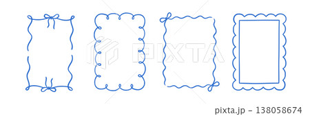 Frame border hand drawn line set. Frame border line hand drawn doodle rectangle vintage wavy bow picture. Cute whimsical decoration scallop squiggly curly wedding invitation. Vector 138058674