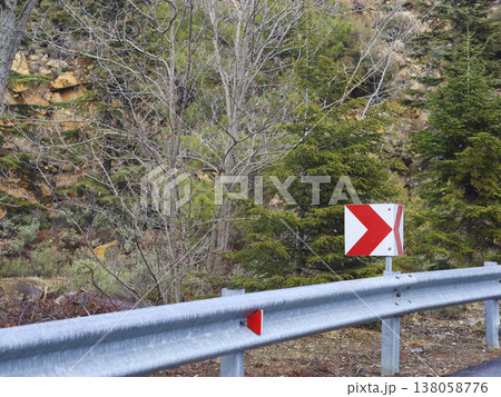 Rural Mountain Road Guardrail and Signage Scene Rural Mountain Road Guardrail and Signage Scene 138058776