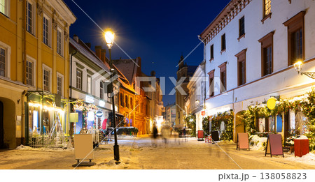 Night view of illuminated Pilies street in Old Town of Vilnius, Lithuania 138058823