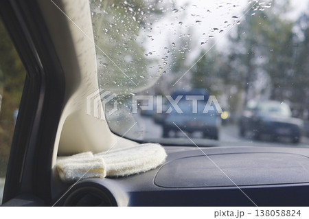 Wet Windshield View From Car Interior Wet Windshield View From Car Interior 138058824