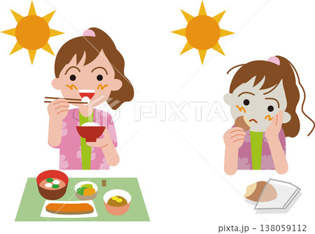 小学生の朝食。バランスの良い和食と菓子パンだけの食事をする女の子のイラスト。 138059112