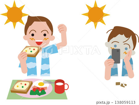 小学生の朝食。バランスの良い洋食とクッキーだけの男の子ののイラスト。 138059113