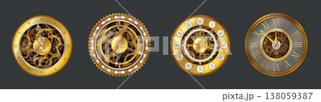 Set of antique clock faces with gears and Roman numerals Set of antique clock faces with gears and Roman numerals 138059387