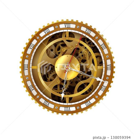 Golden Steampunk Clock with Exposed Gears Golden Steampunk Clock with Exposed Gears 138059394
