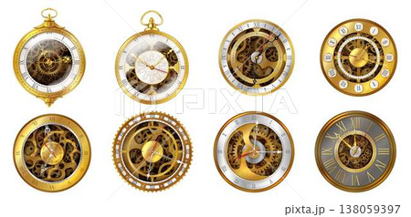 Set of Vintage Gold Gear Clocks with Roman Numerals 138059397