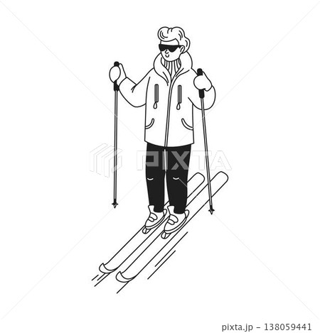 Cartoon skier gliding in casual winter attire Cartoon skier gliding in casual winter attire 138059441