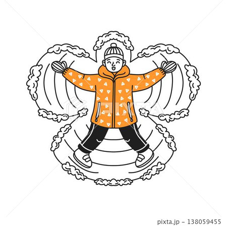 Child in Orange Jacket Making Snow Angel 138059455