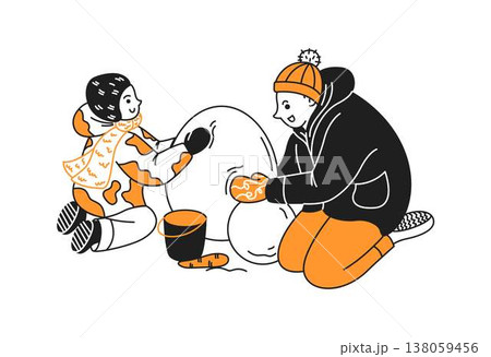 Children Building Snowman on Winter Day 138059456