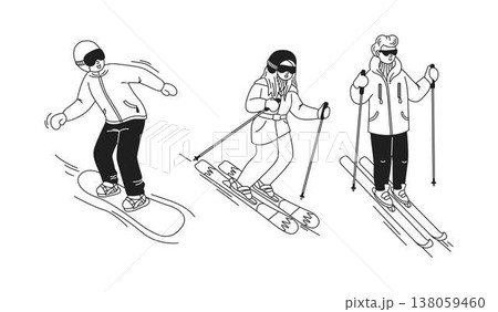 Winter Sports Enthusiasts in Monochrome Illustration 138059460