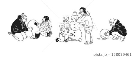 Family Building Snowmen in Wintertime Fun Family Building Snowmen in Wintertime Fun 138059461