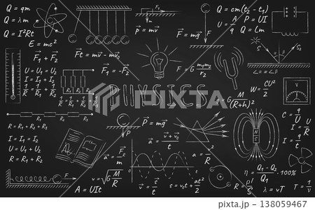 Chalkboard with Physics Formulas and Diagrams 138059467
