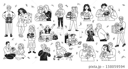 Diverse People Exchanging Gifts in Line Art Diverse People Exchanging Gifts in Line Art 138059594
