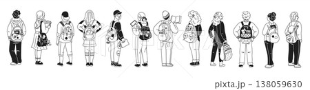 Line of diverse students with backpacks and gadgets Line of diverse students with backpacks and gadgets 138059630