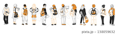 Diverse Backpackers Illustrated in Black and Orange Diverse Backpackers Illustrated in Black and Orange 138059632