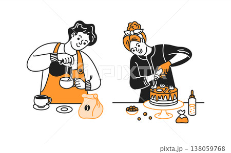 Stylized Illustration of Barista and Baker at Work 138059768
