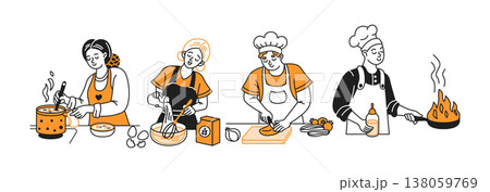 Illustration of Four Chefs Cooking in Kitchen 138059769