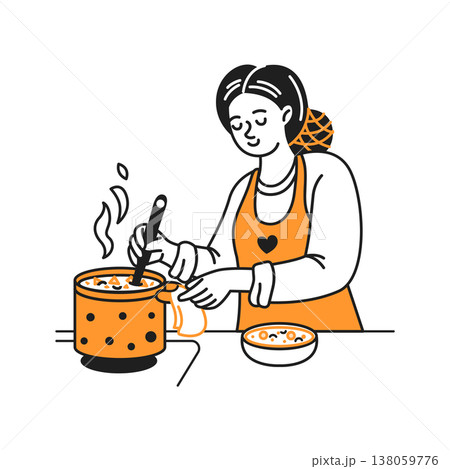 Woman Cooking Soup in Orange Apron 138059776