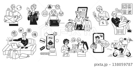 Ecommerce and Delivery Services Black and White Illustration Ecommerce and Delivery Services Black and White Illustration 138059787