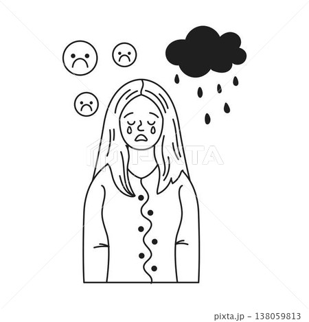 Sad Woman Crying Under Rainy Cloud Illustration 138059813