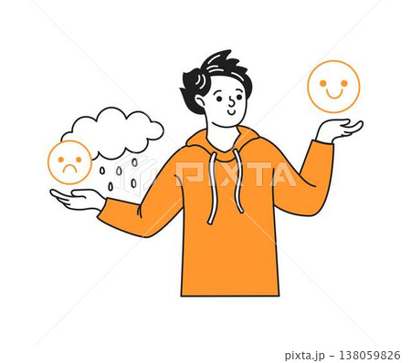 Man Balances Emotions with Happy and Sad Faces 138059826