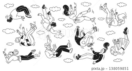 Cartoon Characters Falling Through Cloudy Sky 138059851