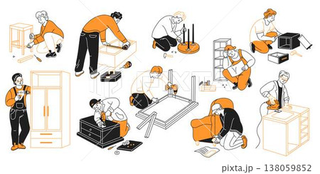 People Assembling Furniture in Flat Illustration 138059852
