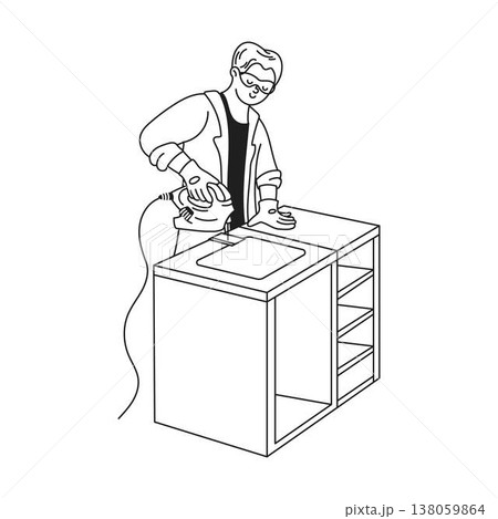 Illustration of a Worker Cutting with a Jigsaw Tool Illustration of a Worker Cutting with a Jigsaw Tool 138059864