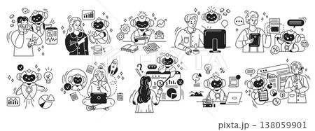 Illustration of Robots Assisting Humans with Data Tasks 138059901