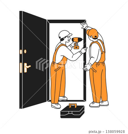 Two Workers Installing a Door Frame with Tools 138059928