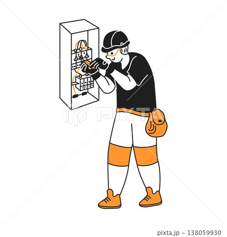 Electrician Repairing Circuit Breaker in Cartoon Style 138059930