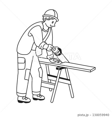 Cartoon Builder Cutting Wood with Saw 138059940