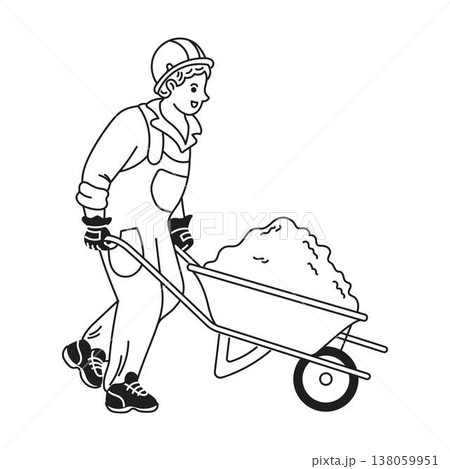 Construction Worker with Wheelbarrow in Black and White 138059951