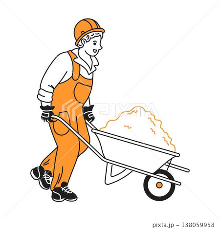 Construction worker pushing a wheelbarrow with soil 138059958