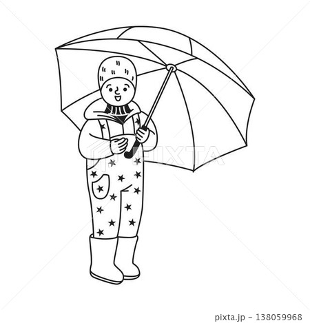 Smiling Child with Umbrella in Rain Gear Smiling Child with Umbrella in Rain Gear 138059968