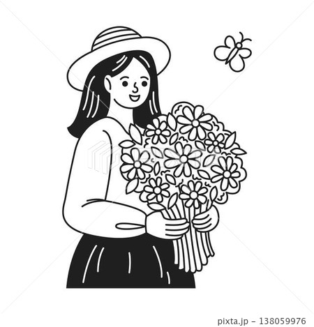 Smiling Girl Holding Bouquet of Flowers 138059976